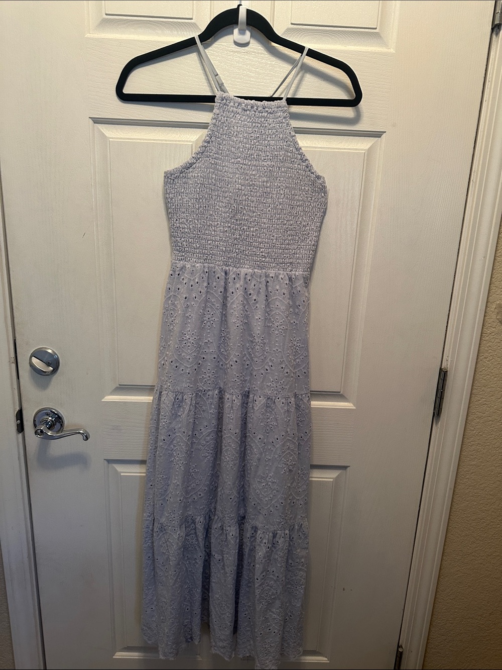 Simplee Apparel Lavender Eyelet Smocked Halter Maxi Dress